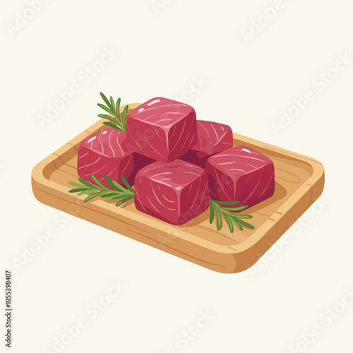 Raw Beef Cubes on Wooden Platter with Rosemary.