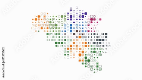 Belgium map animation. Shape of the country with pulsating colored dots. Large size rounded square blocks. Digital style Belgium map on white background. Creative video.