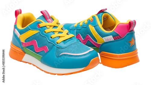 Colorful Children's Athletic Sneakers in Bright Blue and Yellow, Playful Kids Footwear Transparency and Background Removal