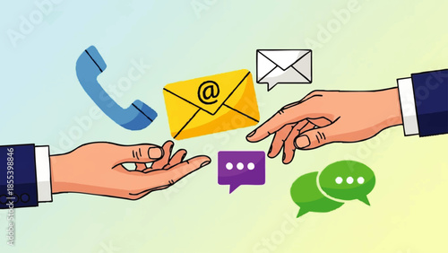 Hands Exchanging Communication Icons and Symbols.