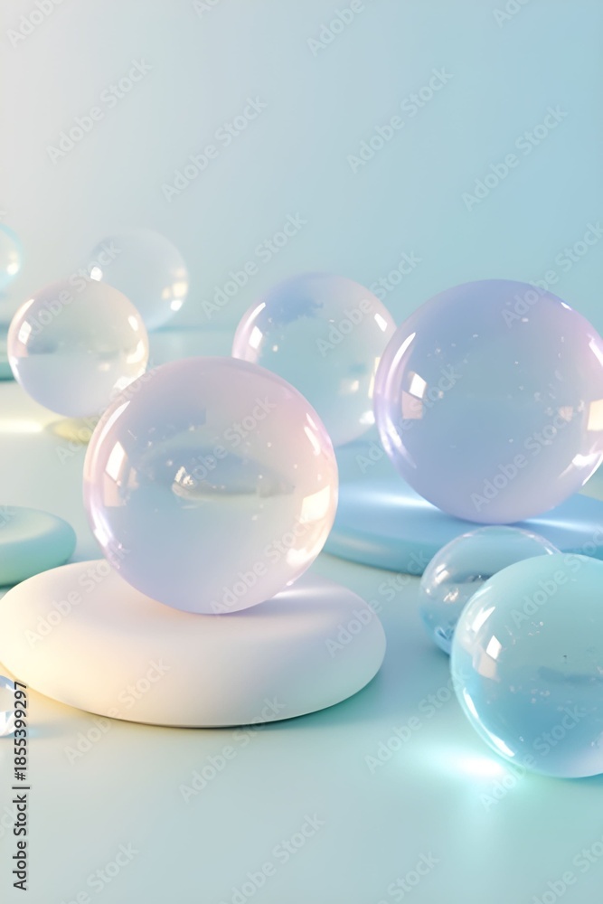 Fototapeta premium AI Generative. Abstract 3D rendering of iridescent glass spheres with soft pastel gradient lighting. 2