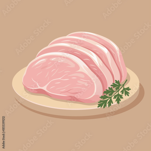 Raw Sliced Pork Chops on a Wooden Plate with Parsley.