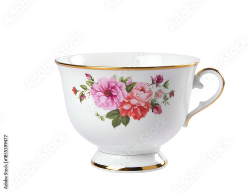 Delicate porcelain cup with vibrant floral design and gold trim
