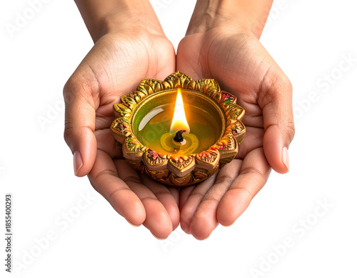 Hands cupped, holding a lit, ornate oil lamp with flame