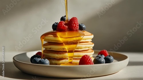 Golden maple syrup cascading over a delectable stack of fluffy pancakes, adorned with fresh blueberries and vibrant raspberries, creating a perfect sweet breakfast treat