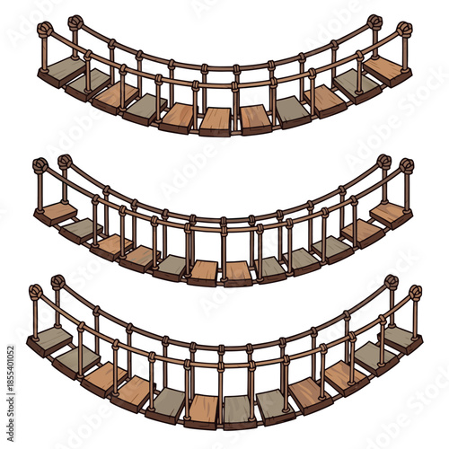 Set of three rope bridges, isometric view.