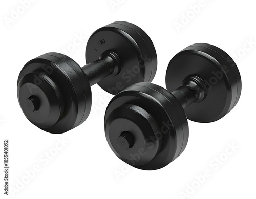 Pair of adjustable black dumbbells with round, stacked plates