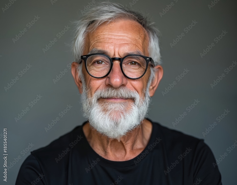 Obraz premium Elderly man with white hair and beard wears glasses and black t-shirt. He has a confident expression, thoughtful gaze, and relaxed mature portrait. Gentleman looks wise.