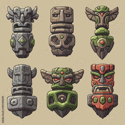 Set of Six Stylized Totem Poles with Tribal Designs.