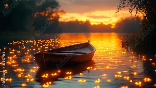 Serene Sunset on a Lake with a Rowboat and Floating Lanterns.