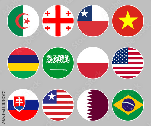 Countries flag set. Circle shape flags icon. Vector illustration