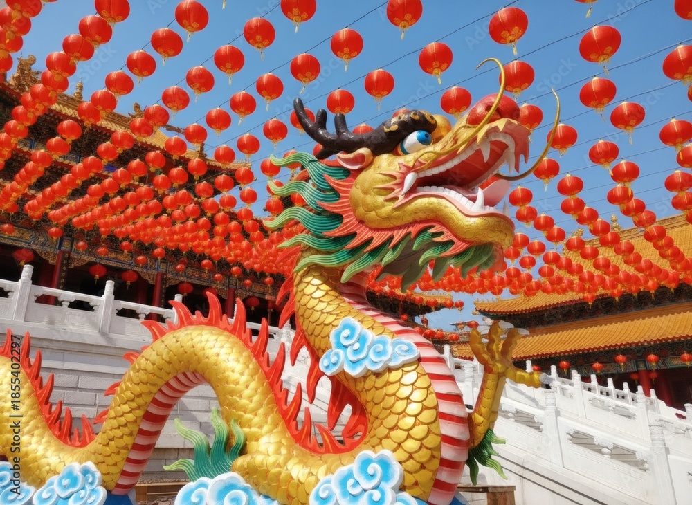 Fototapeta premium Golden Dragon Amidst Red Lanterns