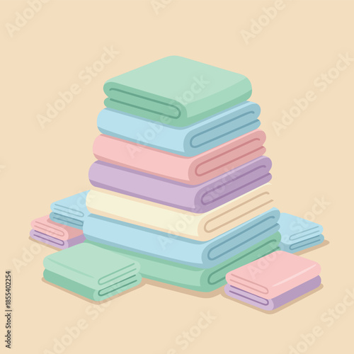 Stack of neatly folded colorful towels and washcloths.