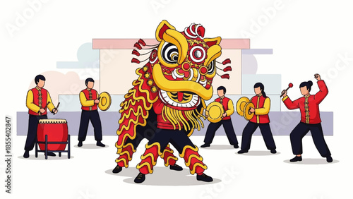 Vibrant Chinese New Year Celebration with Lion Dance Performance in City Street