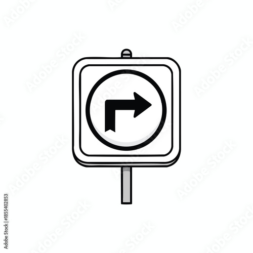 A road sign indicates a right turn. The sign has a rounded square shape with a post