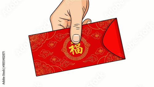 Hand holding red envelope with golden character during Chinese New Year celebration
