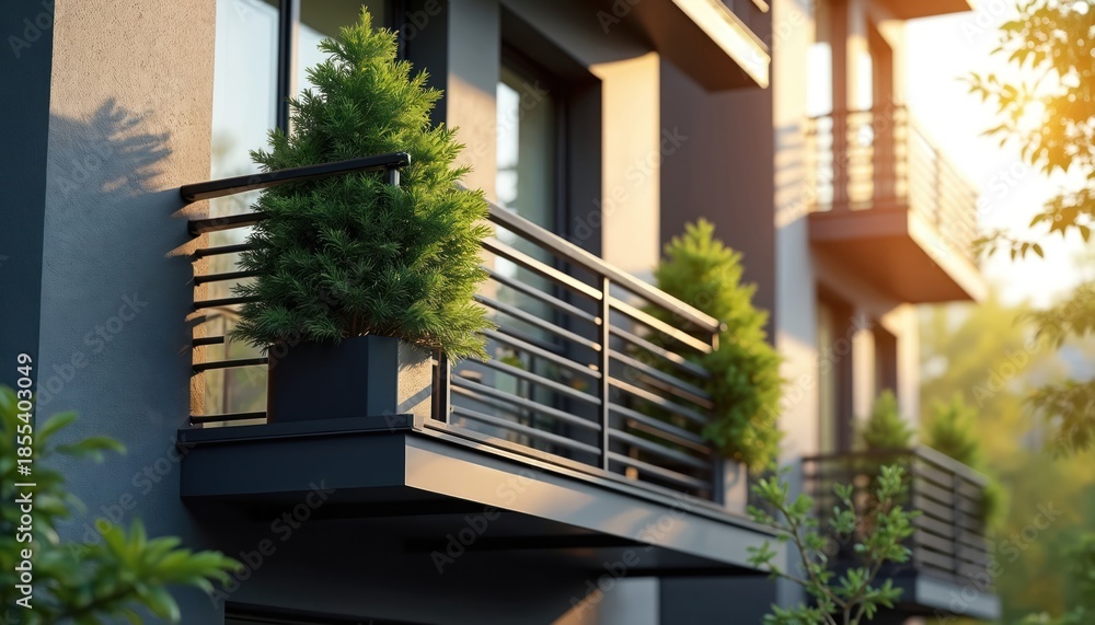 Fototapeta premium Modern apartment building exterior shows balconies with green plants. Black metal railings frame the view of windows and green plants outside. Sunlight casts shadows on the facade.