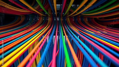 conductors. Colorful electrical cables arranged in parallel lines within a cable tray. product launch decks, UI/UX mockups, designed for data visualization dashboards and holographic UIs.