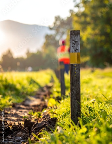 Wooden post with a yellow stripe along a freshly dug trench