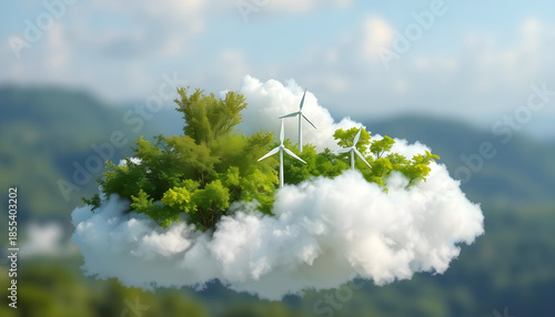 Natureinspired AI cloud with renewable energy symbols, promoting technological innovation for sustainable climate adaptation, environmental sustainability theme. High quality