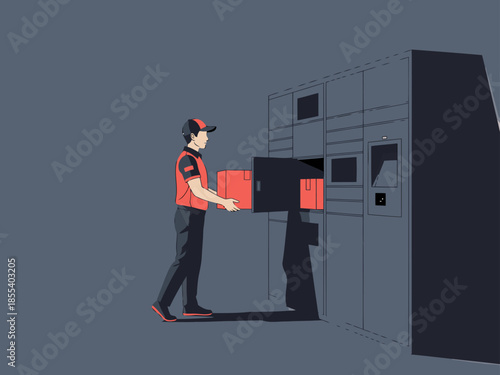 A delivery worker hands packages into a secure smart locker. Modern design, dark background, emphasizes convenience and technology. Suitable for business and logistics themes.