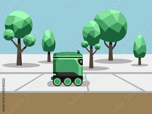 A futuristic robot explores a stylized park landscape. Clean, geometric design and a modern aesthetic create a visually appealing scene. The future is arriving!
