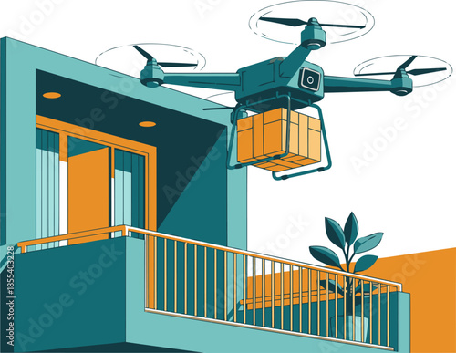 A drone delivers a package to a modern balcony. Smart urban living concept with a futuristic delivery system. Bright, clean, and stylish.