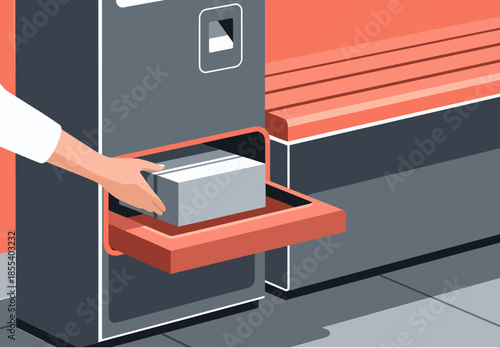 A hand places an order into a vending machine. Modern design, bright colors, and clear composition. Ideal for e-commerce and technology visuals.