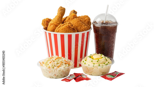 Fried chicken bucket meal with coleslaw mashed potatoes and large soft drink isolated on white background
