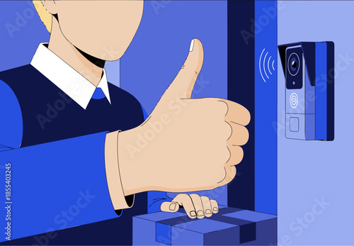 A man gives a thumbs up to a contactless door lock, showcasing a modern, safe security solution. Clean, blue tones and a minimalist design.