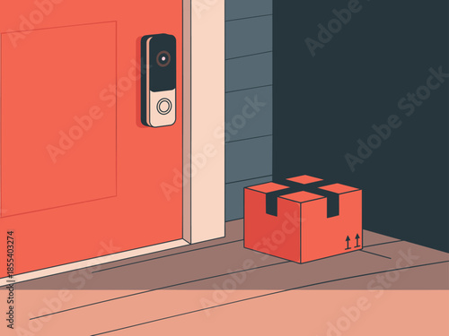 Secure package drop at a door with a smart doorbell. A delivered box sits on the porch. Modern, bright, and safe delivery concept.