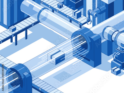 A streamlined industrial conveyor system swiftly transports a package. Modern, blue-toned illustration. Fast, smart, simple design.