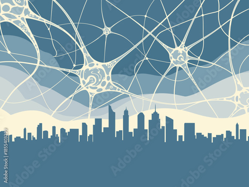 A stylized cityscape overlaid with a neural network, symbolizing connectivity. A modern, abstract design featuring a skyline and vibrant, layered colors. Perfect for tech, urban, and future concepts.
