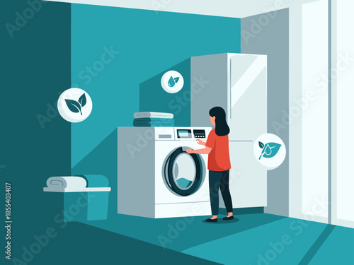 A woman uses a washing machine, surrounded by laundry and icons representing efficiency. Modern, clean design with a teal background. Optimized daily tasks.