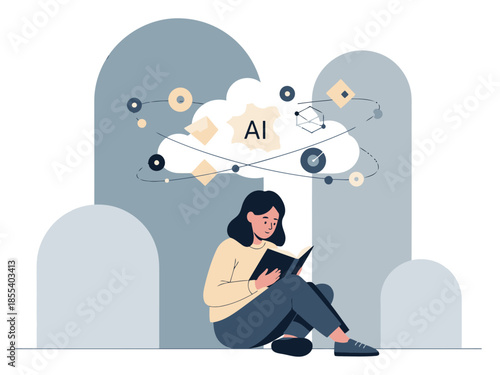 A woman reads, contemplating AI with a book, symbolizing learning beyond limits. Modern illustration style, soft colors, and a thoughtful mood.