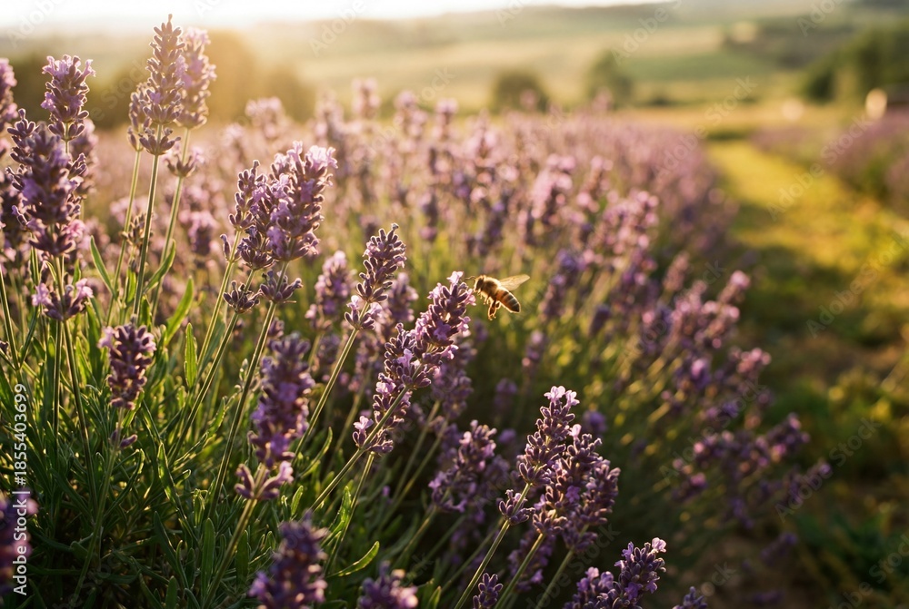 Obraz premium Honey bee flying over purple blooming lavender field during golden sunset in summer nature landscape
