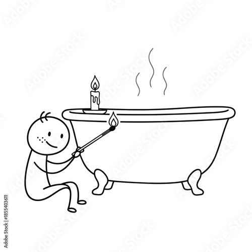 Stick Figure Lighting Candle Near Steaming Bathtub for Relaxation.