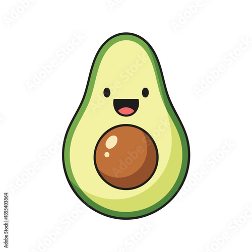 A happy avocado with a large pit, smiling widely on a white background