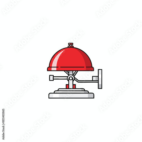 A red shiny dome bell with a cylindrical knob, a stand, and a lever mechanism