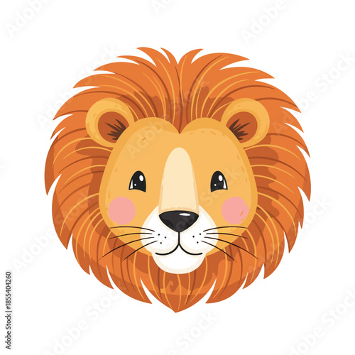 A cheerful lion's head, cartoon style, orange mane, light beige face, pink cheeks