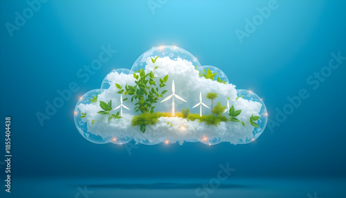 Natureinspired AI cloud with renewable energy symbols, promoting technological innovation for sustainable climate adaptation, environmental sustainability theme. High quality
