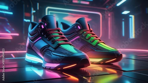 pair of sleek futuristic sneakers illuminated by colorful lights in shades