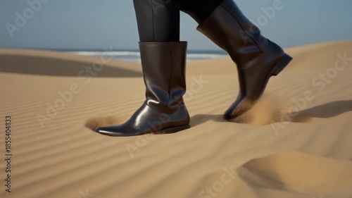 closeup of knee high leather laceless shoes stepping on soft sand