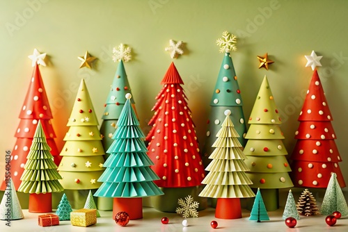 Colorful paper Christmas trees with decorations and gifts on a green background