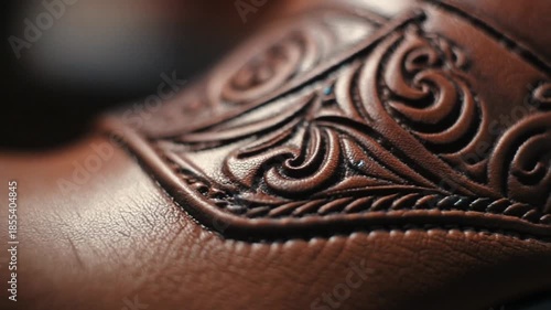 macro shot of embossed pattern design on brown leather shoe