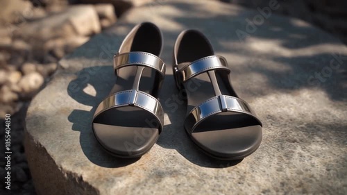 rotating high angle shot of luxury sandals placed on stone surface