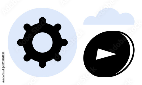 Technology, workflow management, digital media, cloud storage, automation, and innovation. Gear, play button and cloud symbols. Technology and workflow management concept