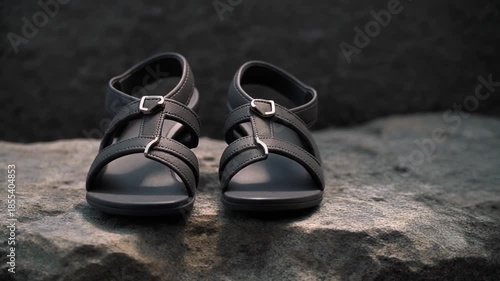 handheld shot of luxury black sandals resting on stone surface
