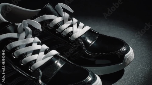 high angle handheld shot of pair of polished black sneakers under dramatic light