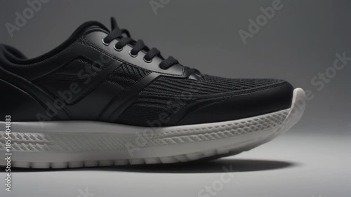 closeup side view of black sneaker showing white under sole with detail texture